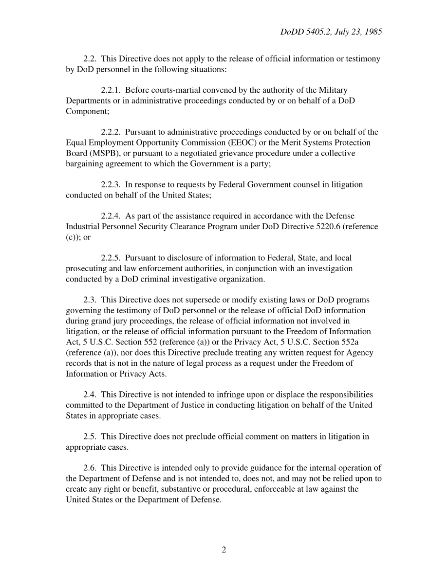 DoDD 5405.2 国防部人员作为证人在诉讼和证词中发布官方信息.pdf_第2页