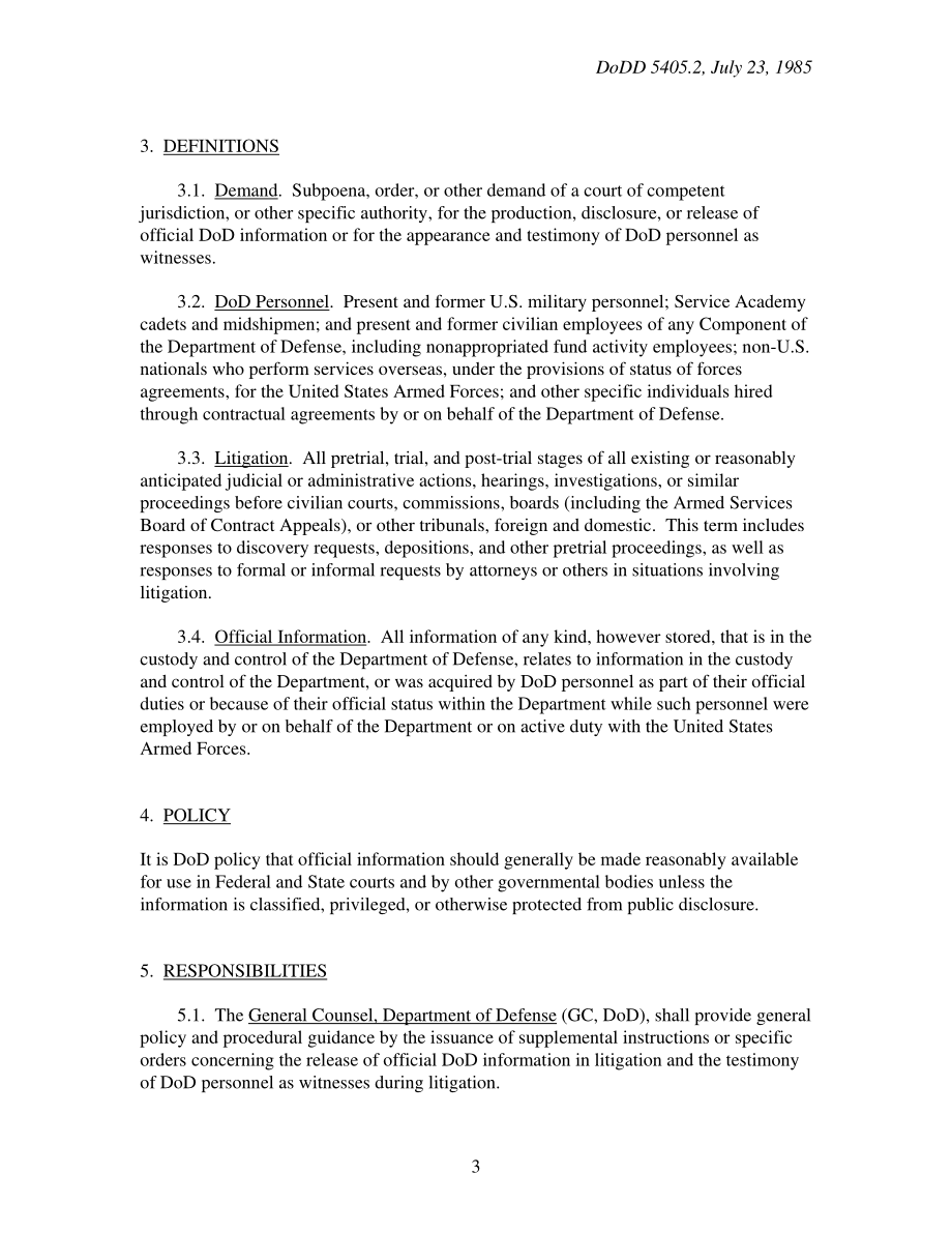 DoDD 5405.2 国防部人员作为证人在诉讼和证词中发布官方信息.pdf_第3页