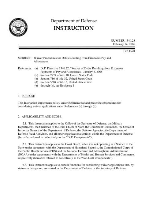 DoDI 1340.23 因错误支付和津贴而导致的债务豁免程序.pdf