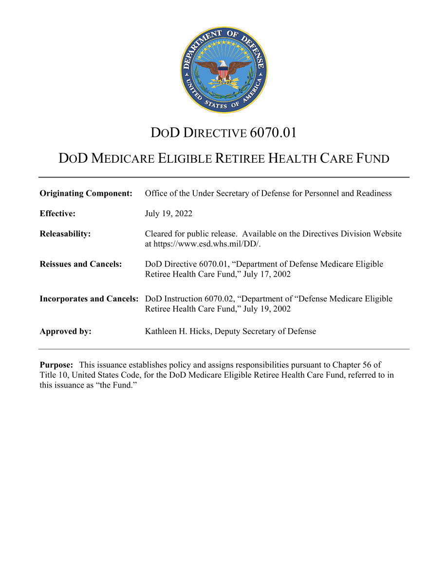 DoDD 6070.01 国防部医疗保险合格退休人员医疗保健基金.pdf_第1页