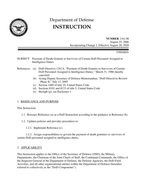 DoDI 1341.08 向某些被指派执行情报任务的国防部人员的幸存者支付死亡抚恤金.pdf