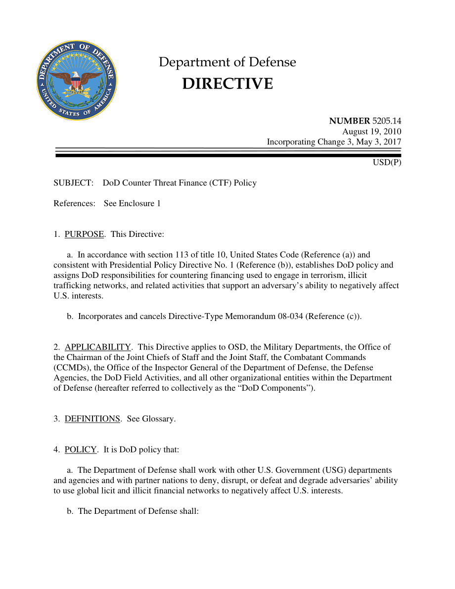 DoDD 5205.14 国防部反威胁金融（CTF）政策.pdf_第1页