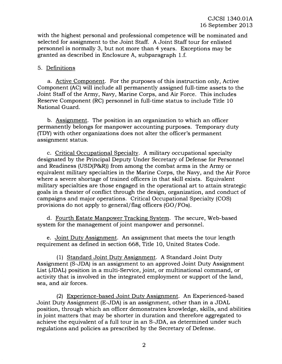 CJCSI 1340.01A 向联合参谋部派驻军官(O-6及以下)和士兵.pdf_第2页