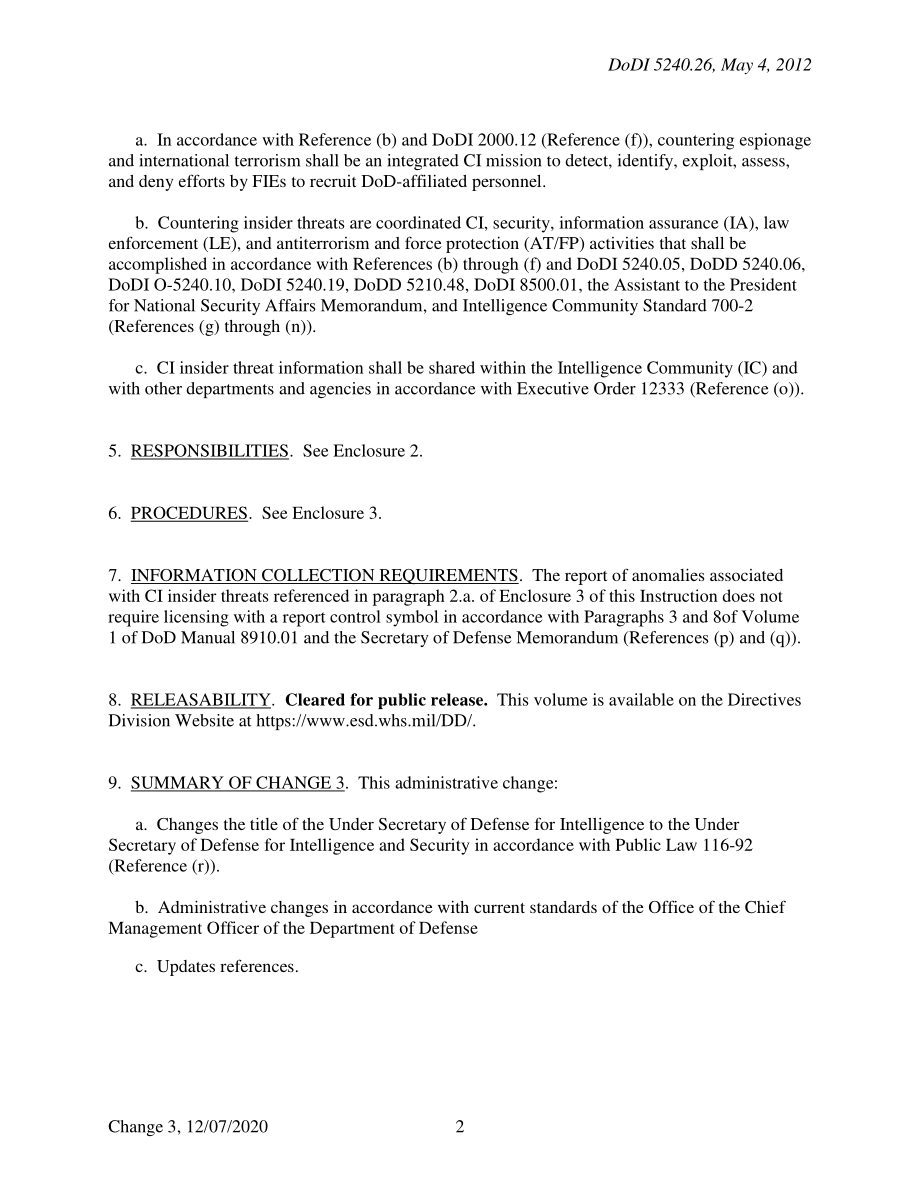 DoDI 5240.26 打击间谍活动、国际恐怖主义和反间谍（CI）内部威胁.pdf_第2页