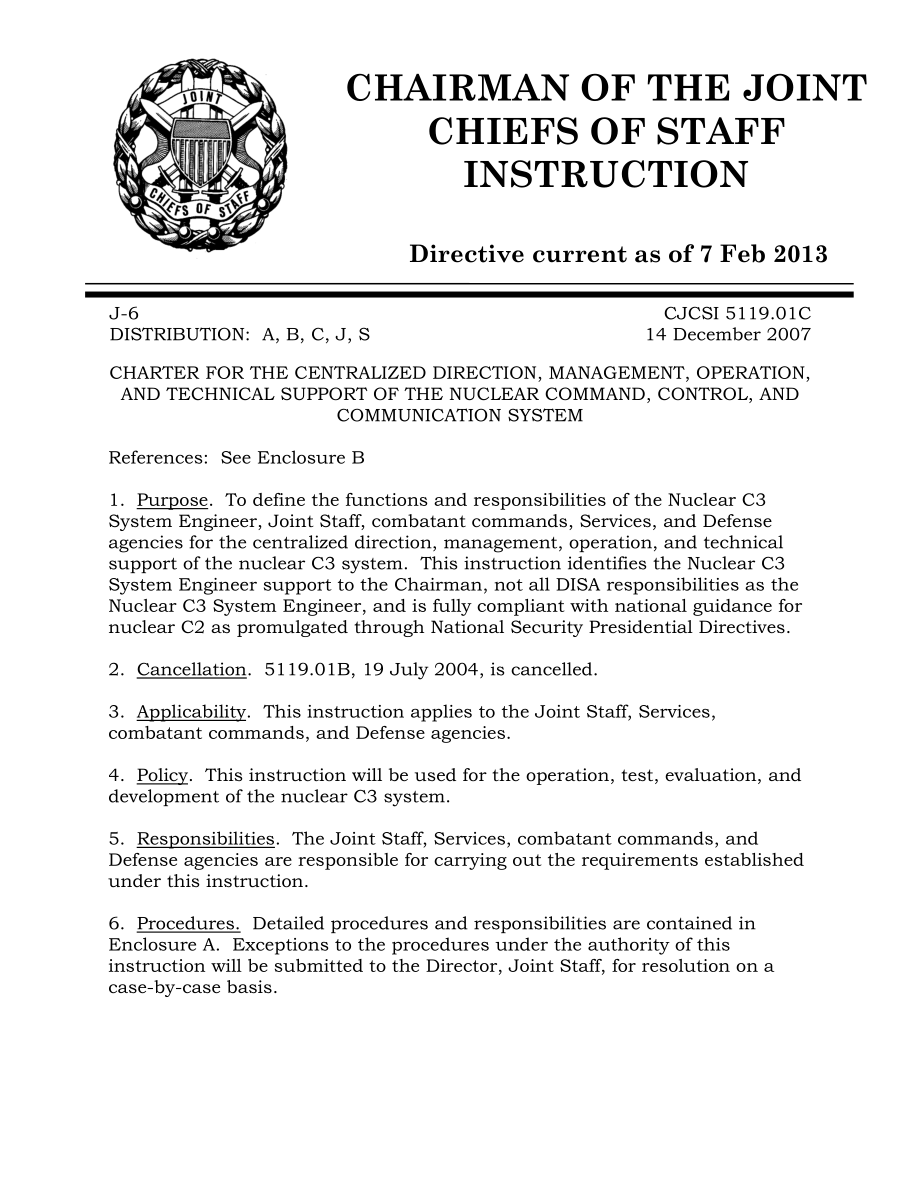 CJCSI 5119.01C 核指挥、控制和通信系统的集中指导、管理、运作和技术支持宪章.pdf_第1页
