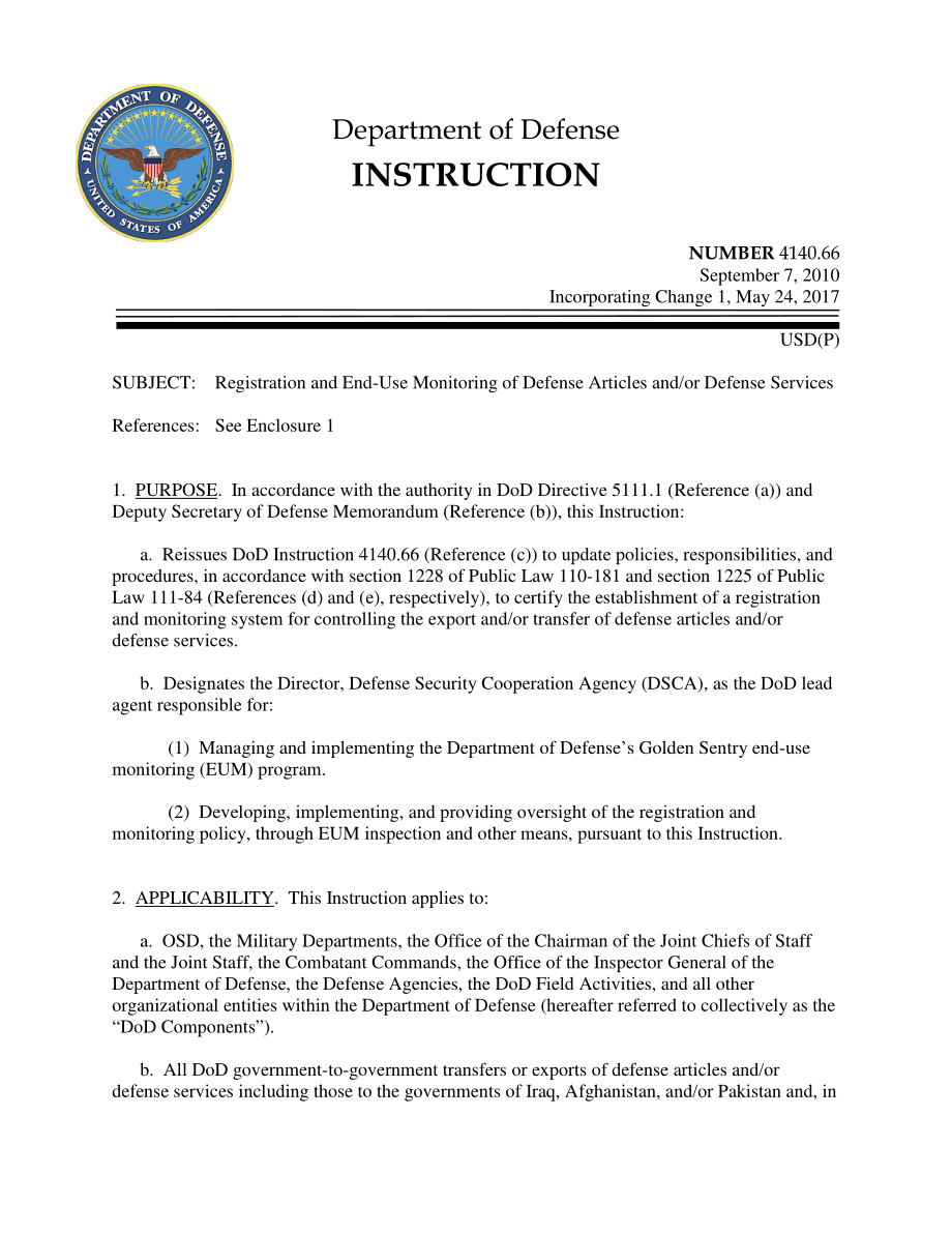 DoDI 4140.66 国防物品和或国防服务的注册和最终使用监控.pdf_第1页