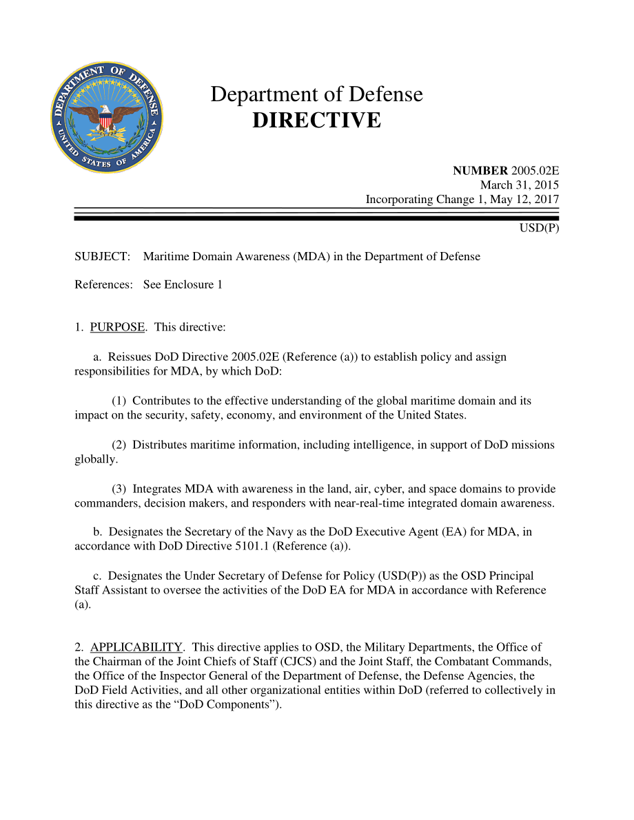 DoDD 2005.02E 国防部的海事领域意识（MDA）.pdf_第1页