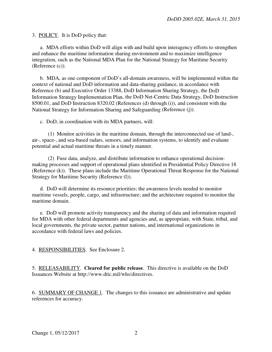 DoDD 2005.02E 国防部的海事领域意识（MDA）.pdf_第2页