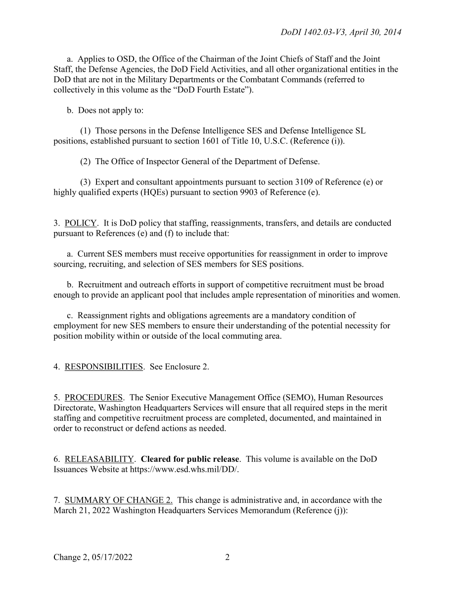DoDI 1402.03 Volume 3 国防部第四权力中的高级行政服务（SES）、高级（SL）和科学与专业（ST）人员类别：人员配备、调动、调动、细节和复职.pdf_第2页