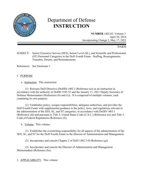 DoDI 1402.03 Volume 3 国防部第四权力中的高级行政服务（SES）、高级（SL）和科学与专业（ST）人员类别：人员配备、调动、调动、细节和复职.pdf