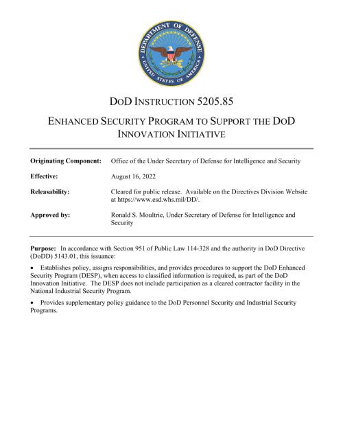 DoDI 5205.85 支持国防部创新计划的增强安全计划.pdf