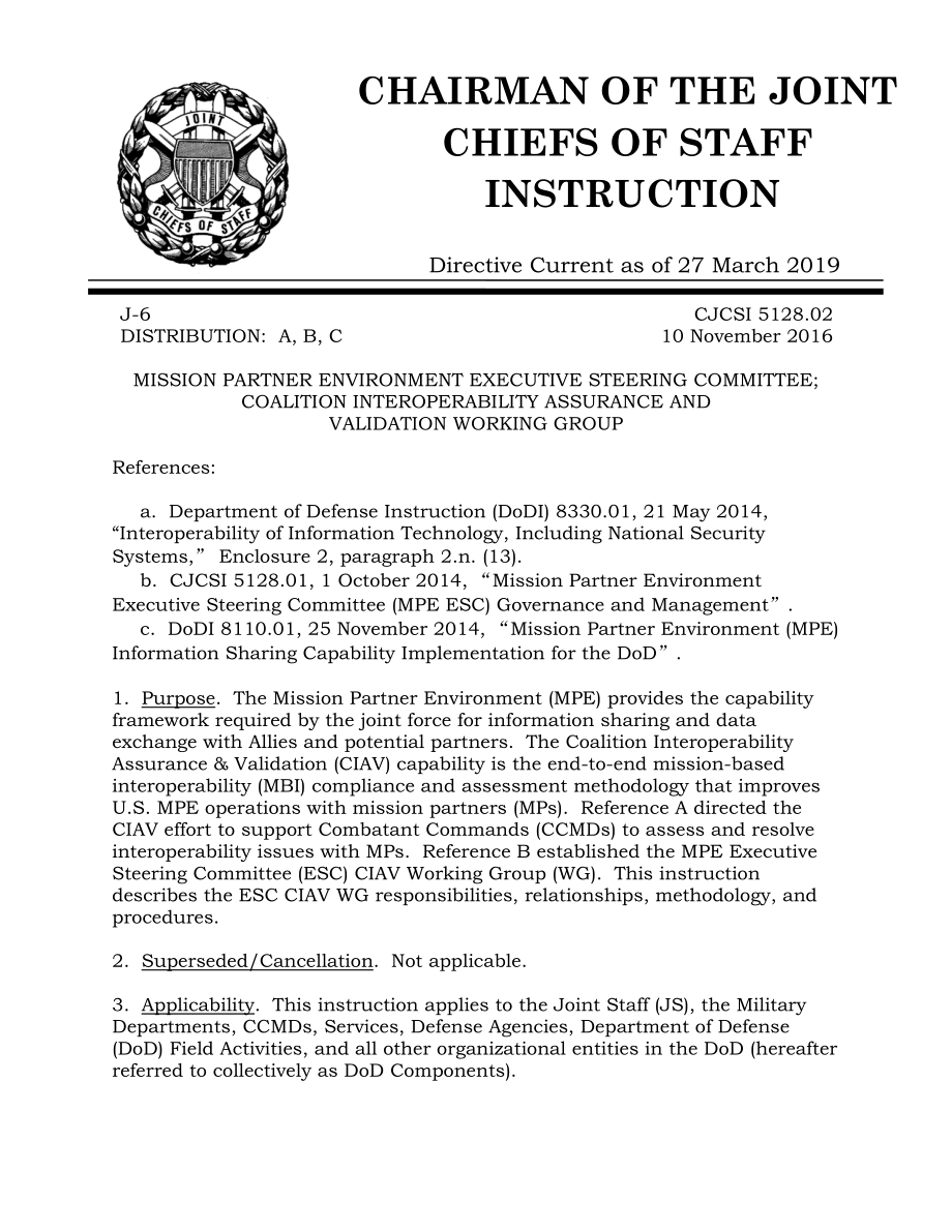 CJCSI 5128.02 使命伙伴环境执行指导委员会联盟互操作性保证和验证工作组.pdf_第1页