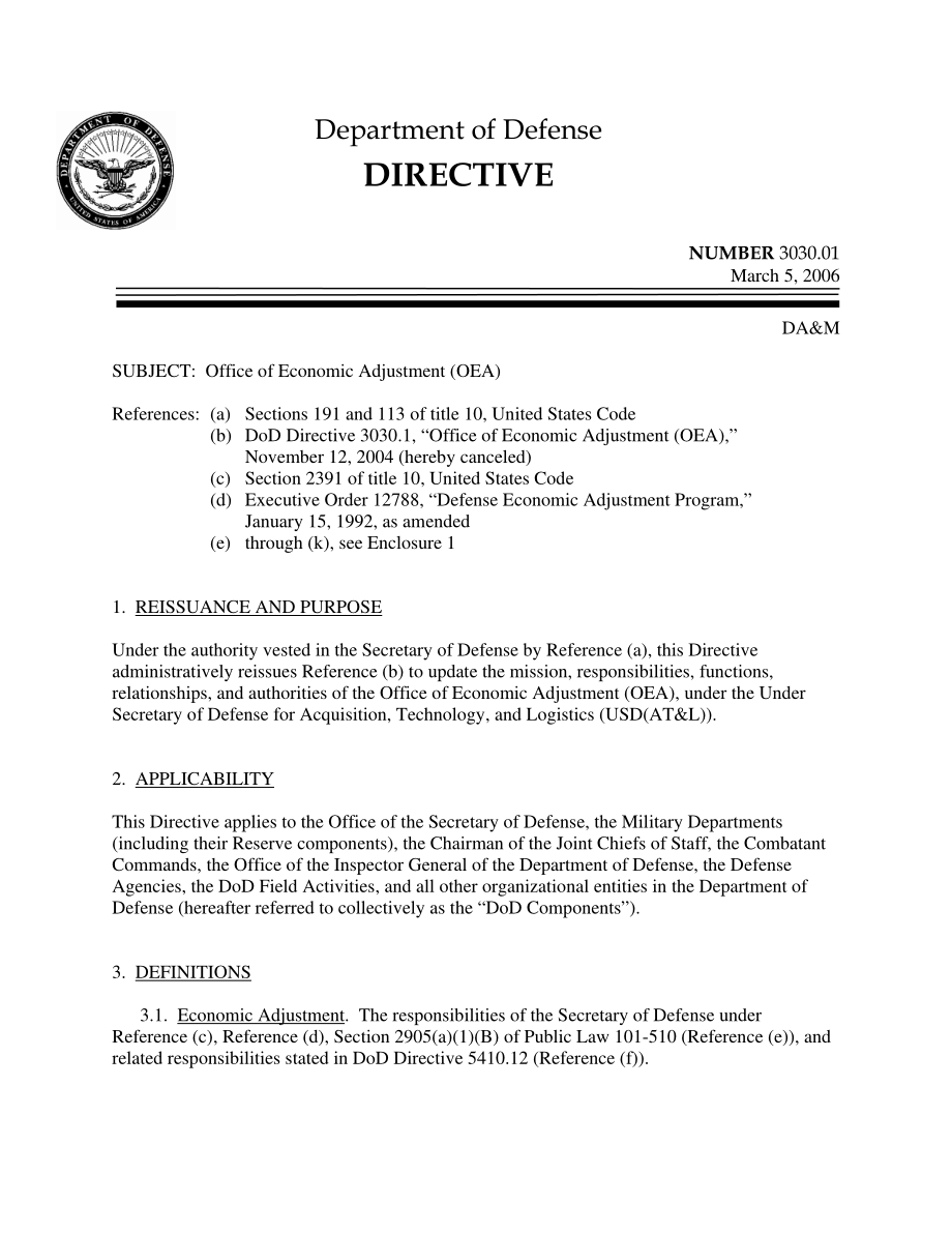 DoDD 3030.01 经济调整办公室（OEA）.pdf_第1页