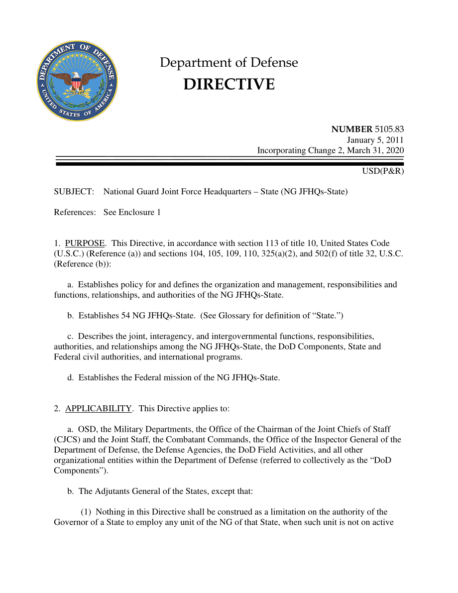 DoDD 5105.83 国民警卫队联合部队总部-州（NG JFHQS-State）.pdf_第1页