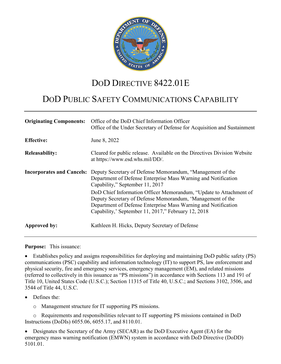 DoDD 8422.01E 国防部公共安全通信能力.pdf_第1页