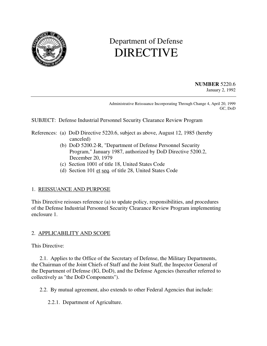 DoDD 5220.6 国防工业人员安全许可审查计划.pdf_第1页