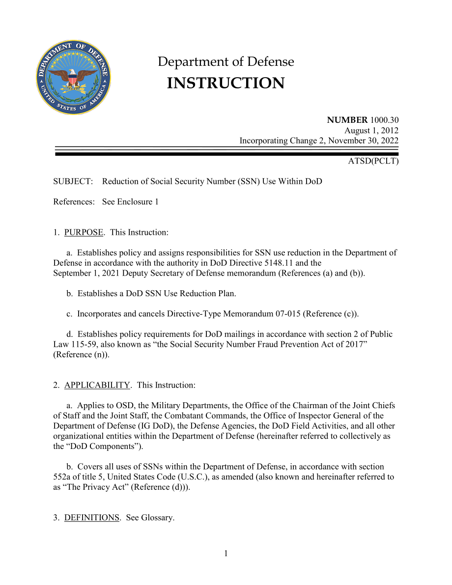 DoDI 1000.30 减少国防部内社会安全号码（SSN）的使用.pdf_第1页