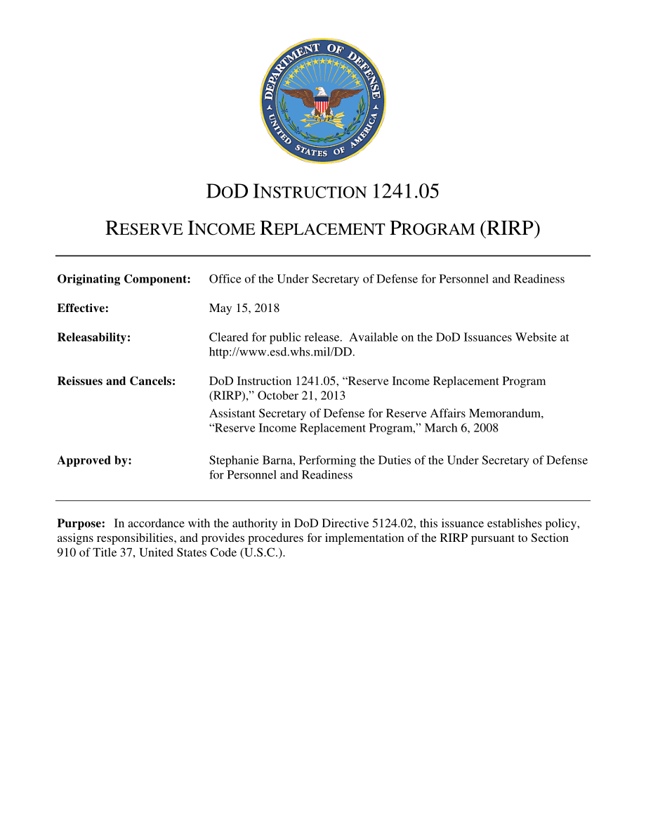 DoDI 1241.05 储备收入替代计划（RIRP）.pdf_第1页