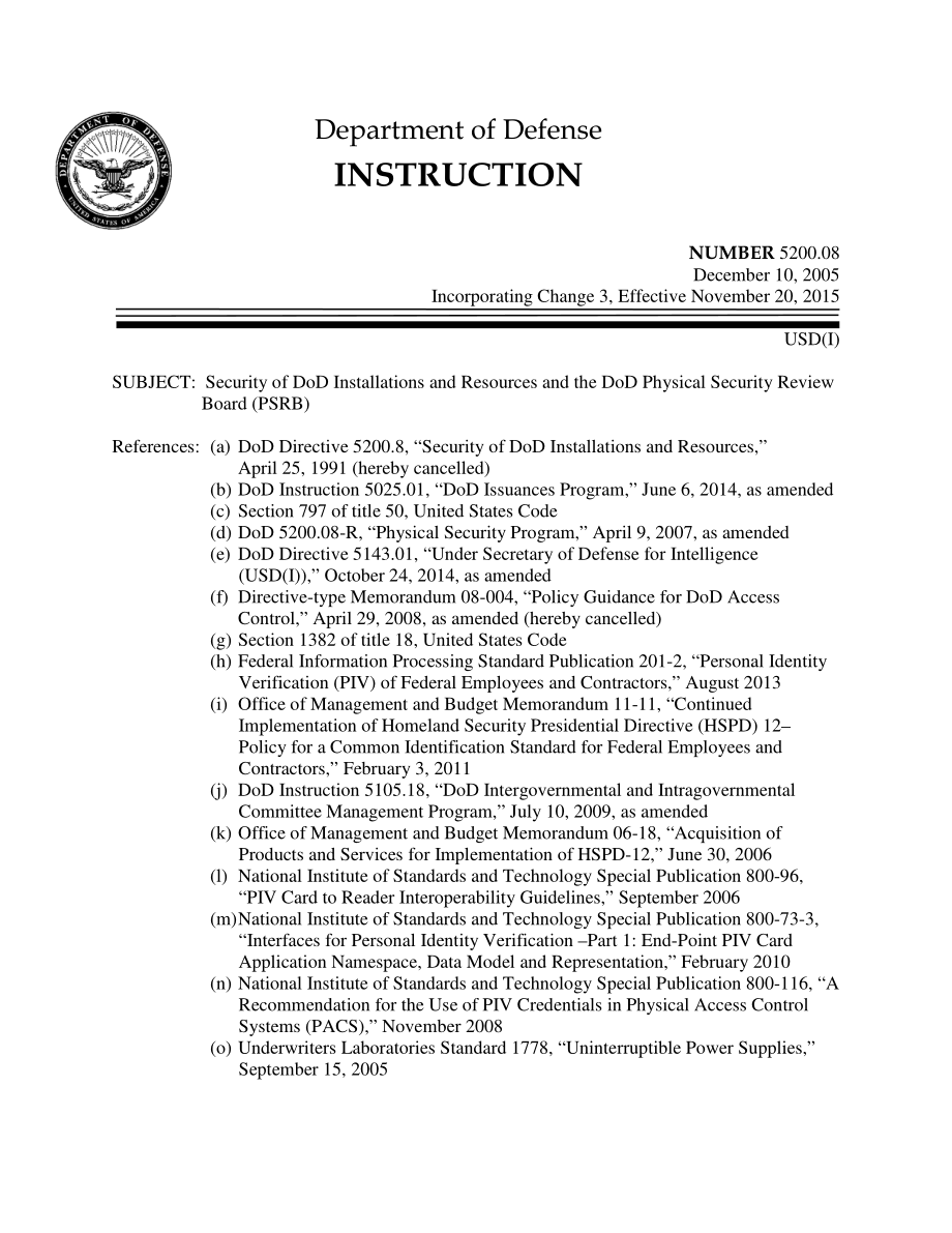 DoDI 5200.08 国防部安装和资源的安全性以及国防部物理安全审查委员会（PSRB）.pdf_第1页