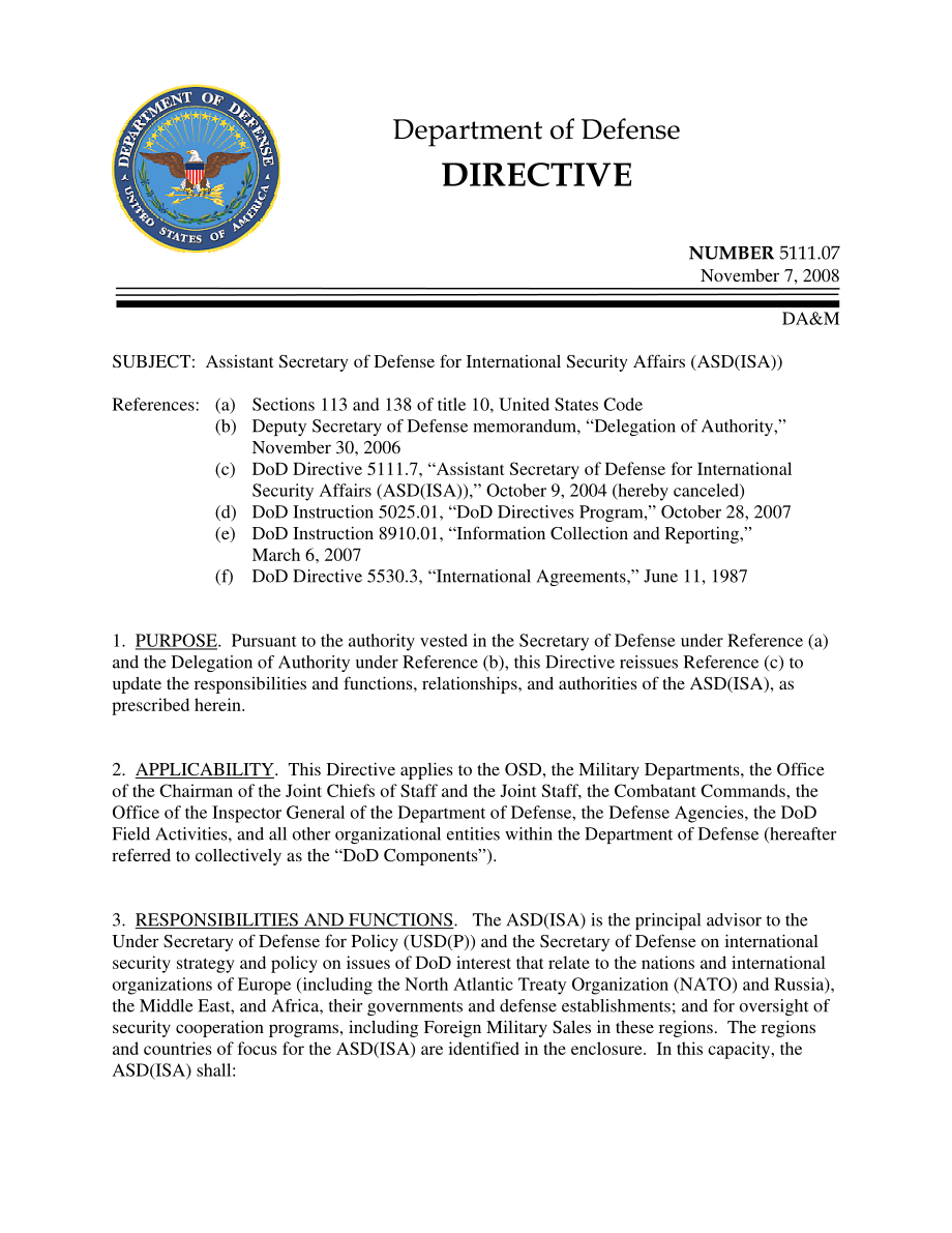 DoDD 5111.07 负责国际安全事务的助理国防部长（ISA）.pdf_第1页