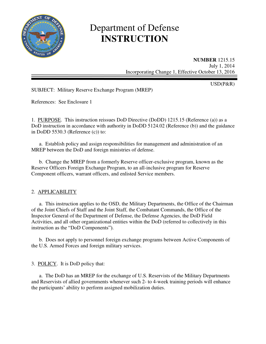 DoDI 1215.15 军事预备役交换计划（MREP）.pdf_第1页