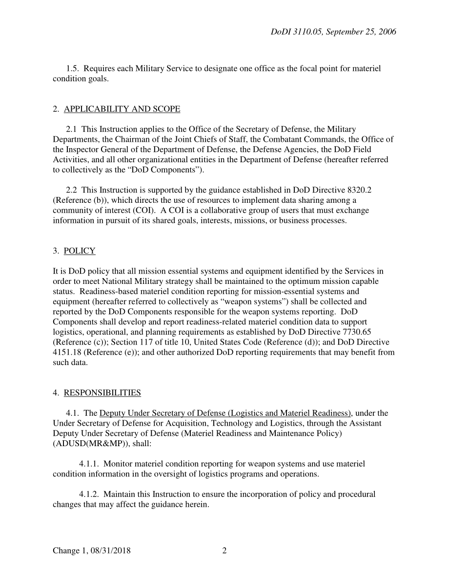 DoDI 3110.05 任务关键系统和设备的基于就绪状态的物质状态报告.pdf_第2页