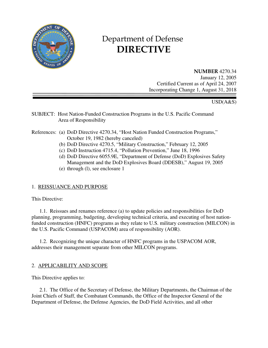 DoDD 4270.34 美国太平洋司令部责任区的东道国资助建设项目.pdf_第1页