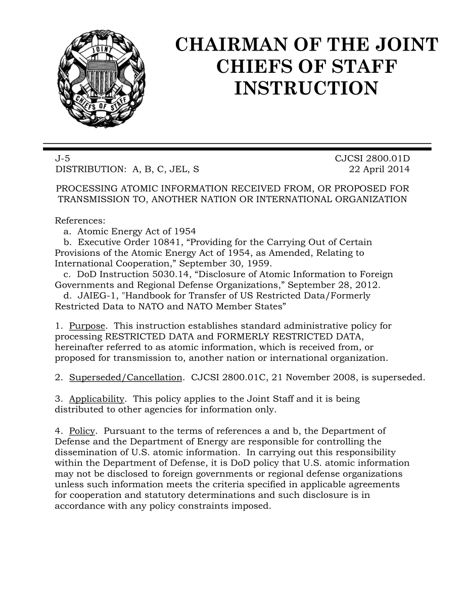 CJCSI 2800.01D 处理从他国组织或国际组织收到的或拟向其传送的原子信息.pdf_第1页