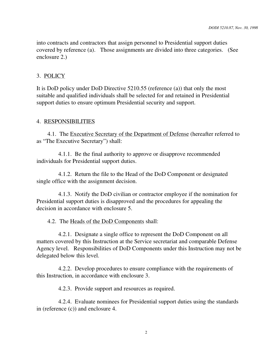 DoDI 5210.87 选择国防部军事和文职人员以及承包商员工分配到总统支持活动(PSA).pdf_第2页