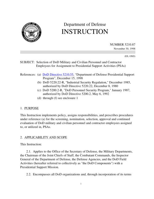 DoDI 5210.87 选择国防部军事和文职人员以及承包商员工分配到总统支持活动（PSA）.pdf