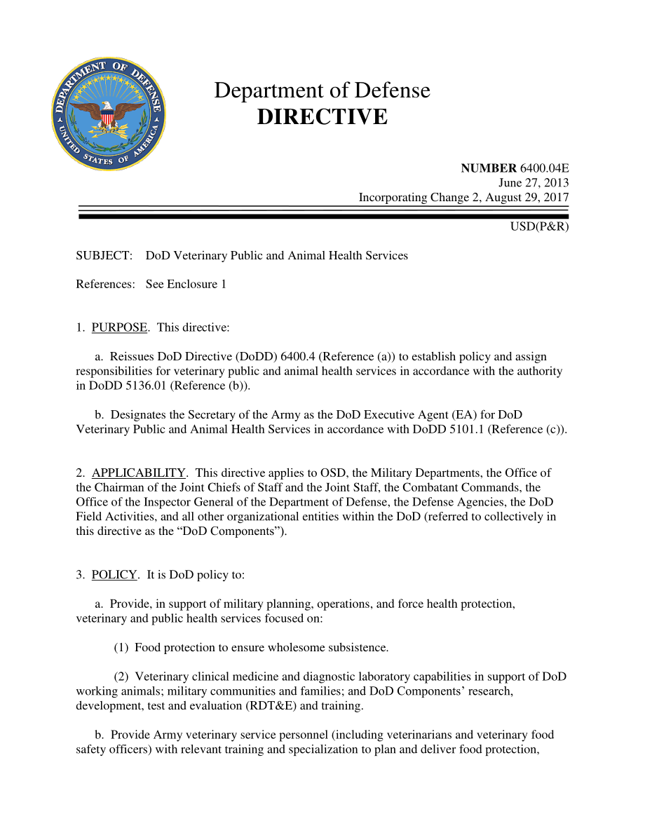 DoDD 6400.04E 国防部兽医公共和动物卫生服务.pdf_第1页