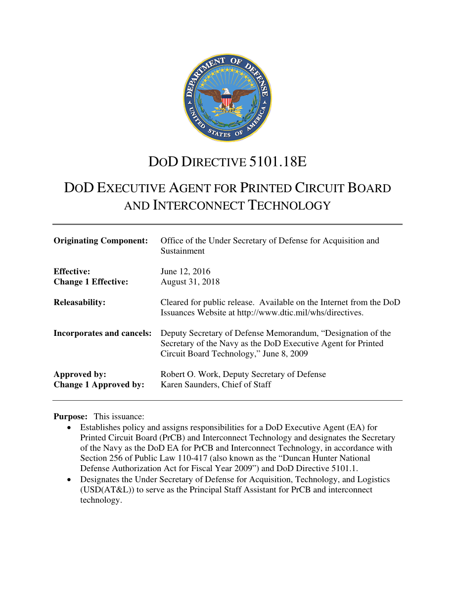 DoDD 5101.18E 国防部印刷电路板和互连技术执行代理.pdf_第1页