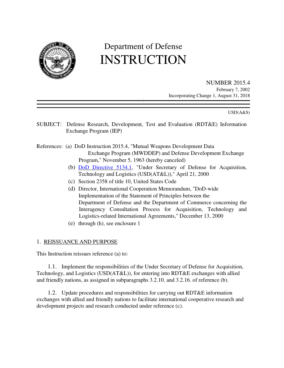 DoDI 2015.4 国防研究、开发、测试和评估（RDT&E）信息交换计划（IEP）.pdf_第1页