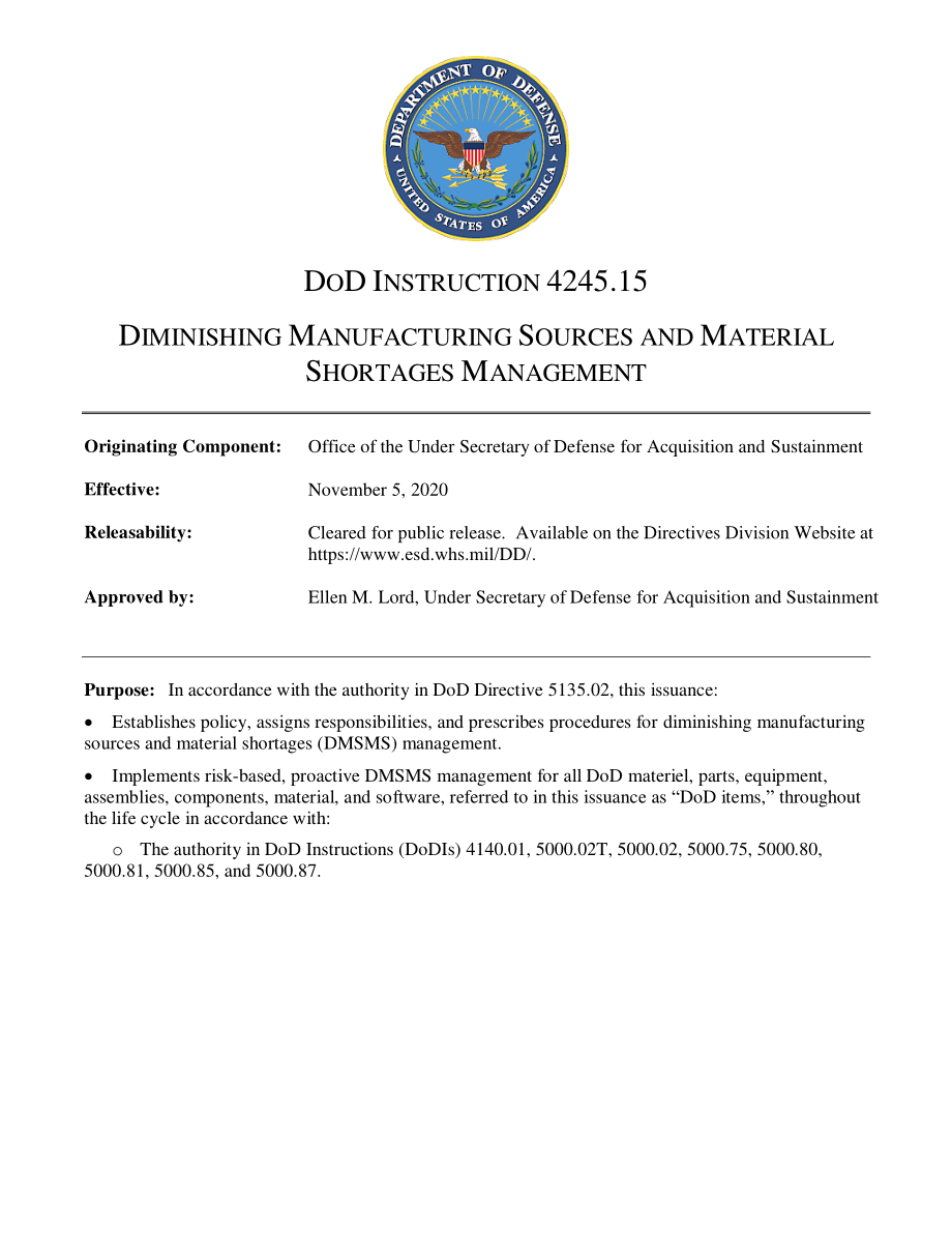 DoDI 4245.15 减少制造来源和材料短缺管理.pdf_第1页