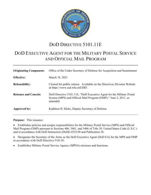 DoDD 5101.11E 国防部军事邮政服务和官方邮件计划的执行代理.pdf