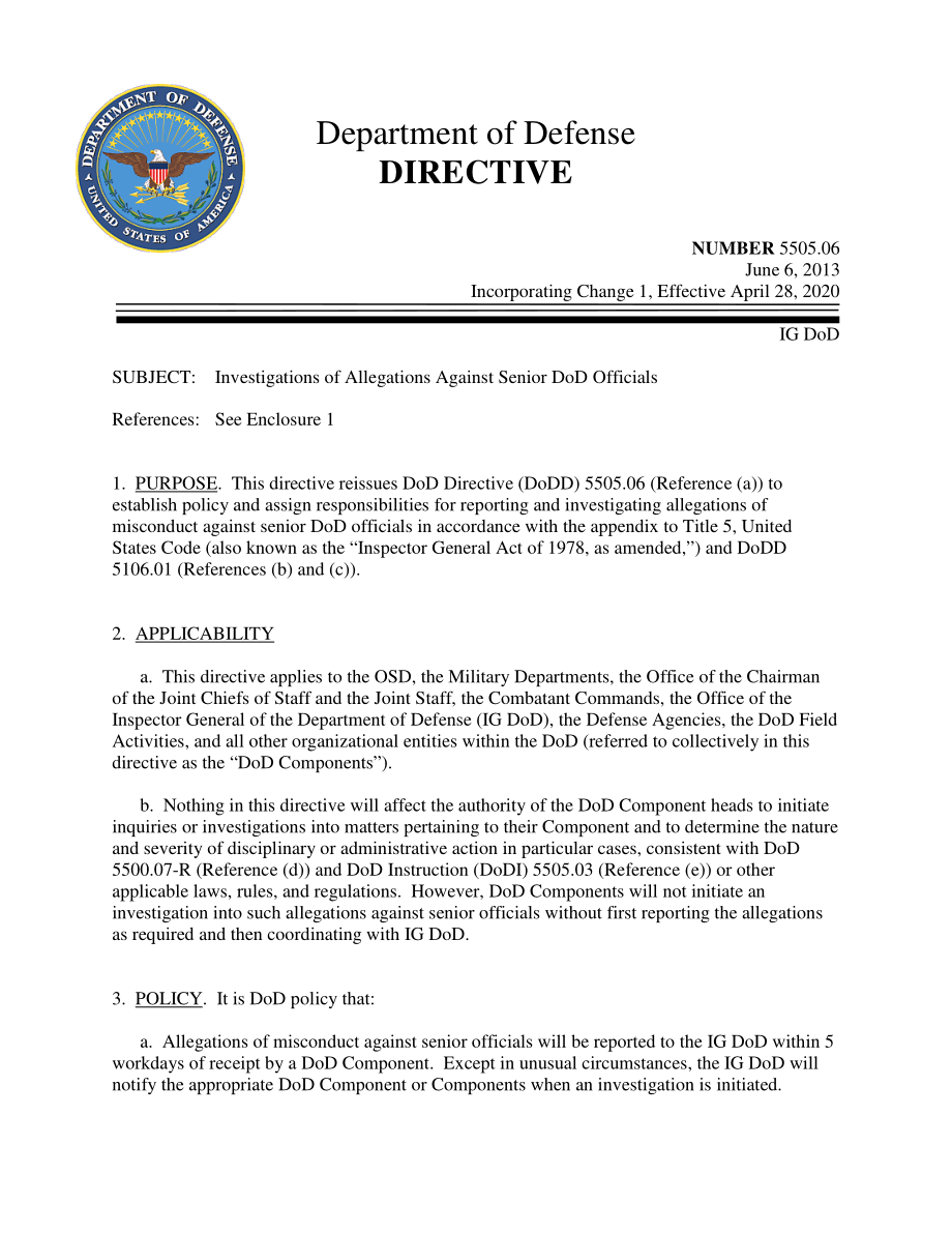 DoDD 5505.06 对高级国防部官员指控的调查.pdf_第1页
