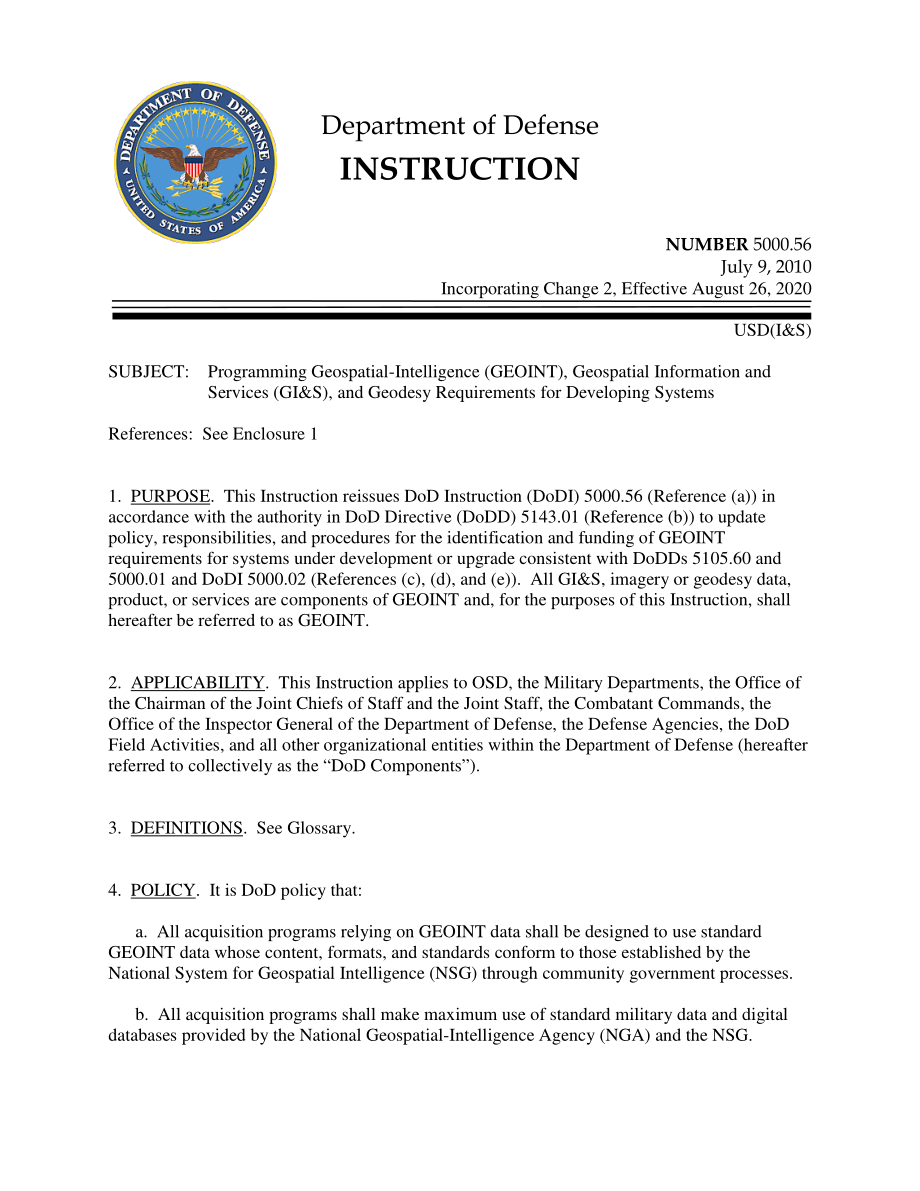 DoDI 5000.56 规划地理空间情报（GEOINT）、地理空间信息和服务（GI&S）以及开发系统的大地测量要求.pdf_第1页