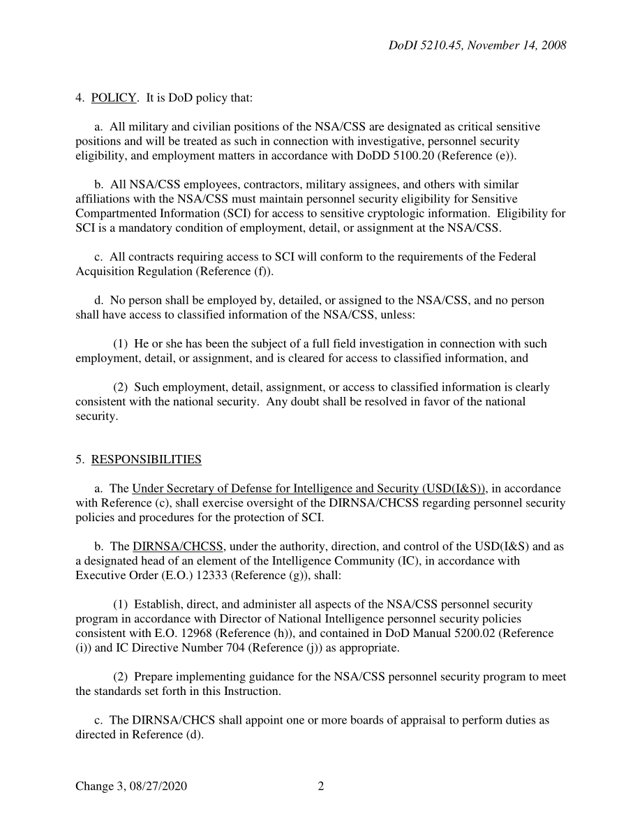 DoDI 5210.45 国家安全局中央安全局敏感密码信息的人员安全政策和程序.pdf_第2页