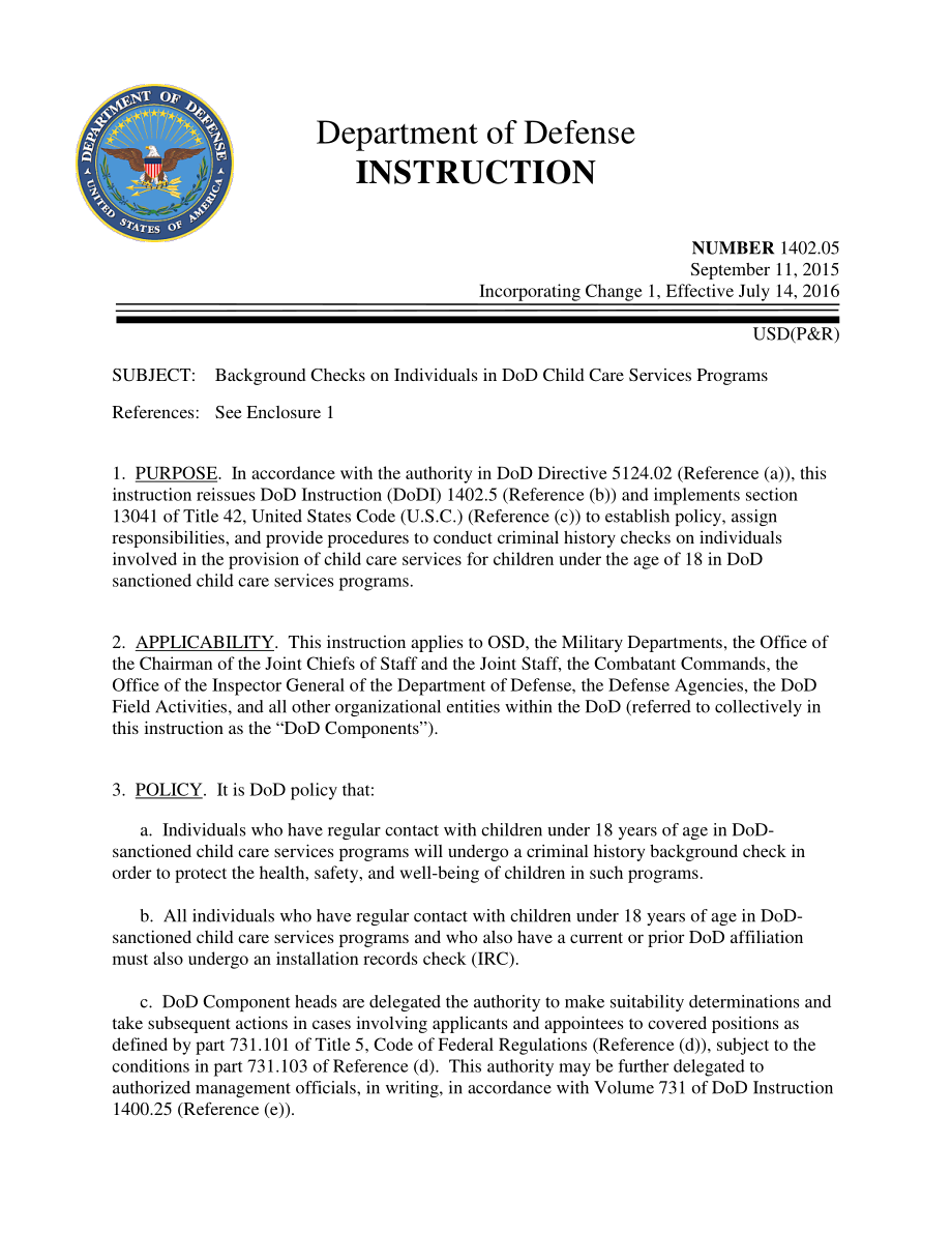 DoDI 1402.05 国防部儿童保育服务计划中个人的背景调查.pdf_第1页