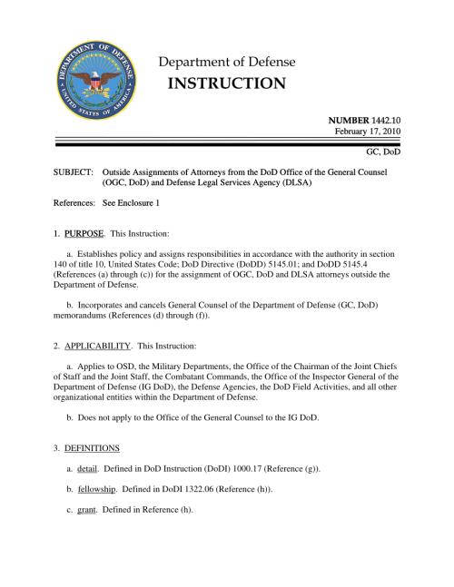 DoDI 1442.10 国防部总法律顾问办公室（OGC）和国防法律服务机构（DLSA）律师的外部指派.pdf