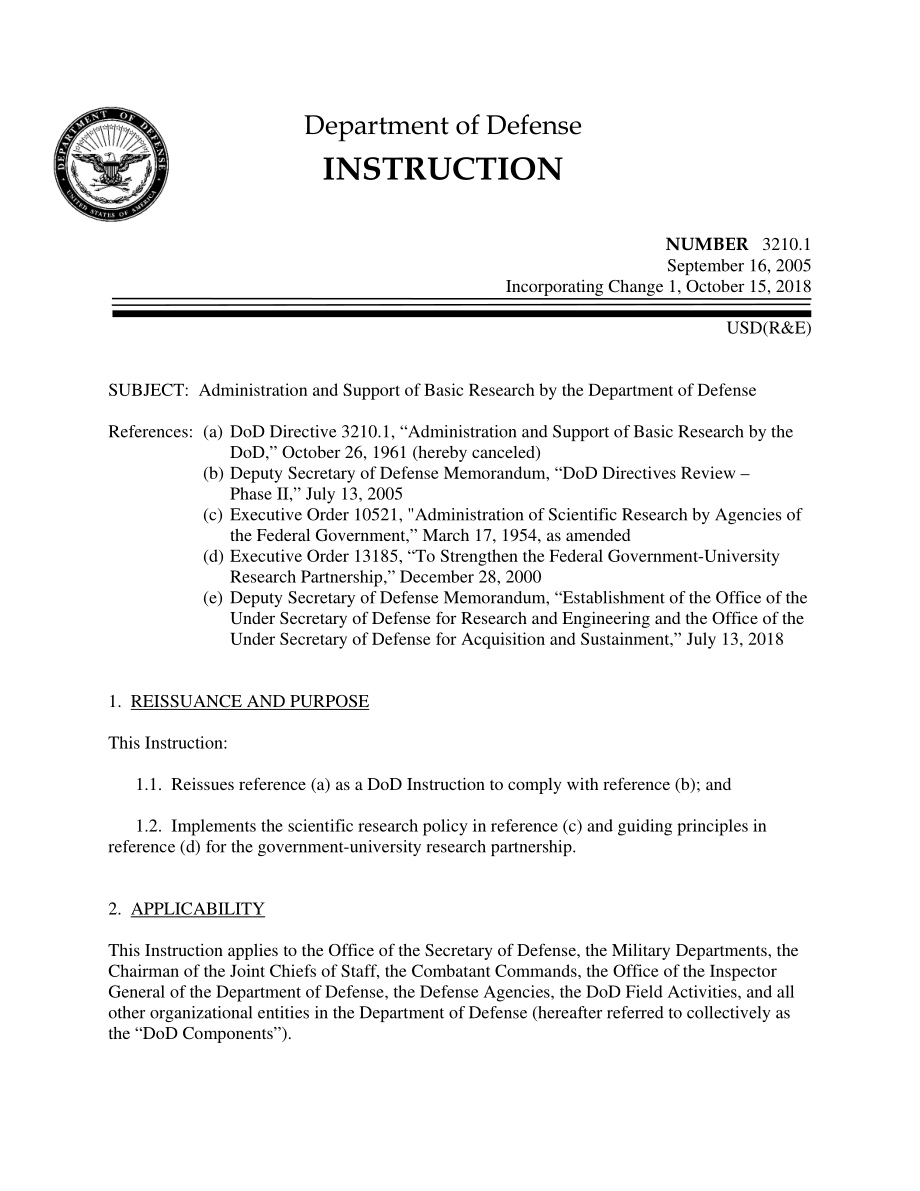 DoDI 3210.01 国防部基础研究的管理和支持.pdf_第1页