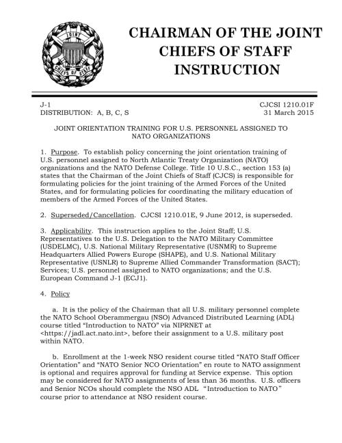 CJCSI 1210.01F 对派往北约组织的美国人员进行联合指导训练.pdf
