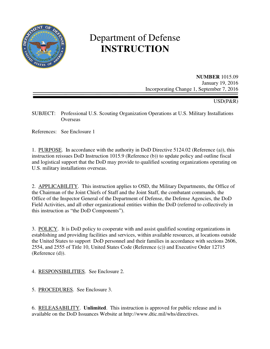 DoDI 1015.09 美国海外军事基地的专业美国侦察组织运营.pdf_第1页