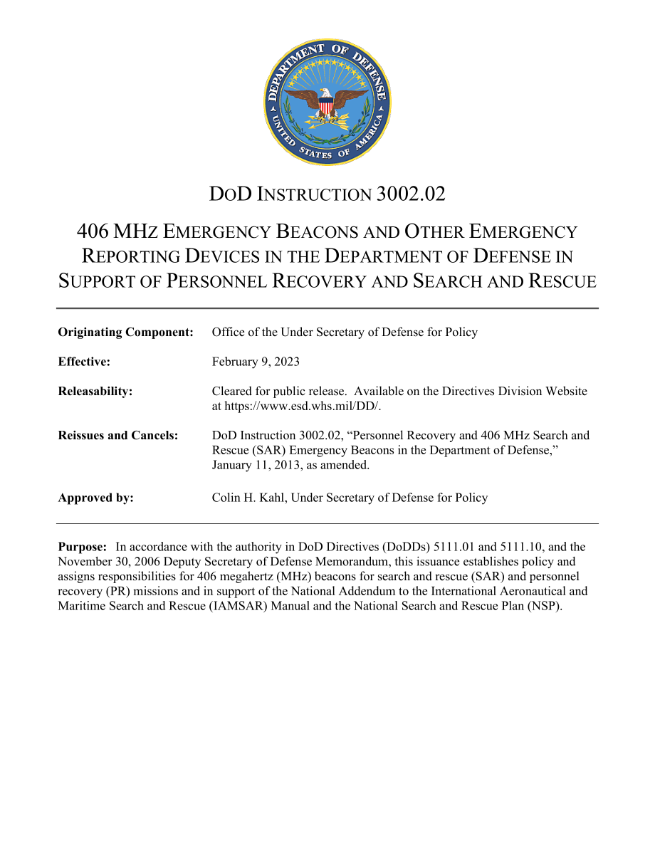 DoDI 3002.02 国防部中的406 MHz紧急信标和其他紧急报告设备用于支持人员恢复和搜索救援.pdf_第1页