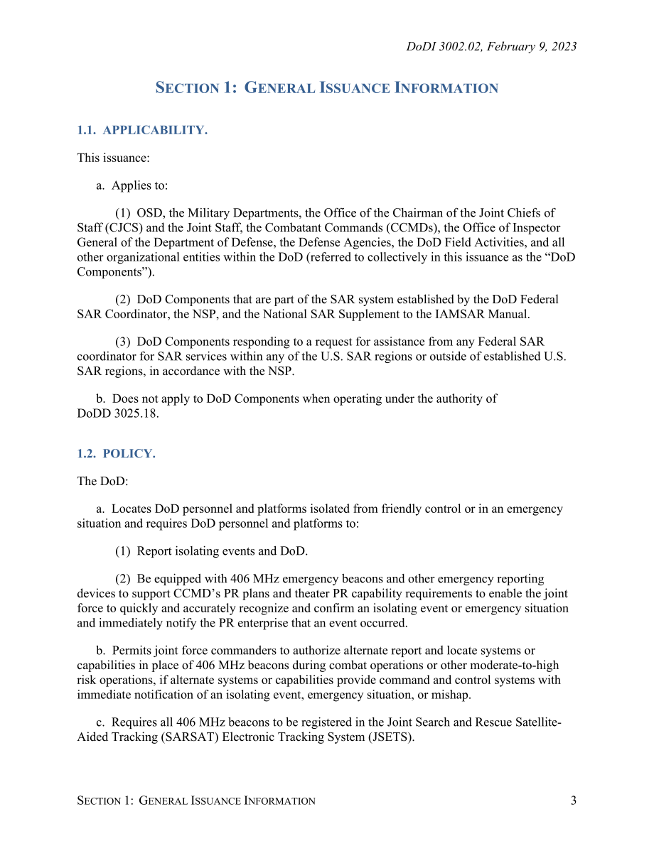 DoDI 3002.02 国防部中的406 MHz紧急信标和其他紧急报告设备用于支持人员恢复和搜索救援.pdf_第3页