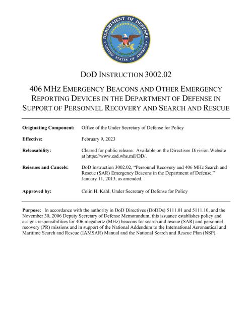 DoDI 3002.02 国防部中的406 MHz紧急信标和其他紧急报告设备用于支持人员恢复和搜索救援.pdf