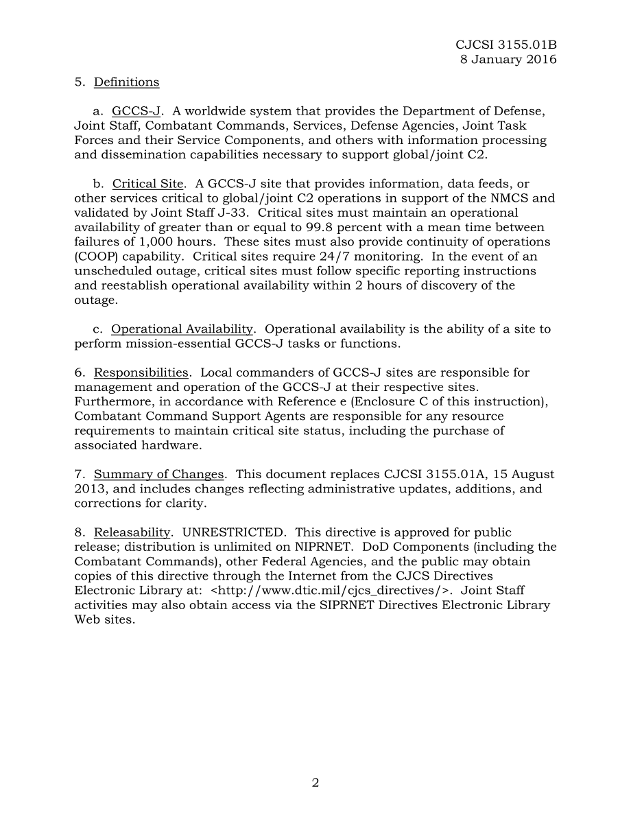 CJCSI 3155.01B 全球指挥和控制系统联合（GCCS-J）行动框架政策.pdf_第2页