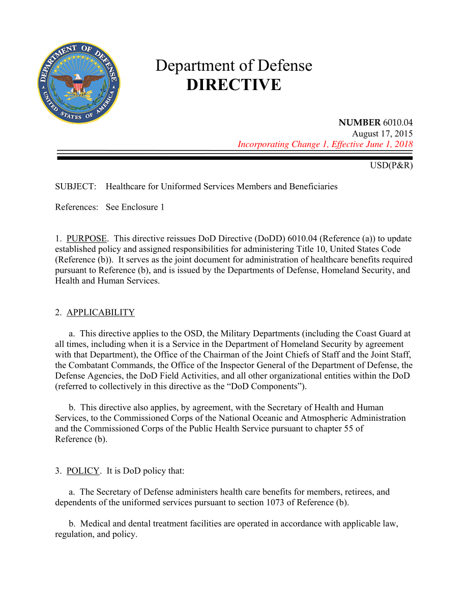 DoDD 6010.04 制服服务成员和受益人的医疗保健.pdf_第1页