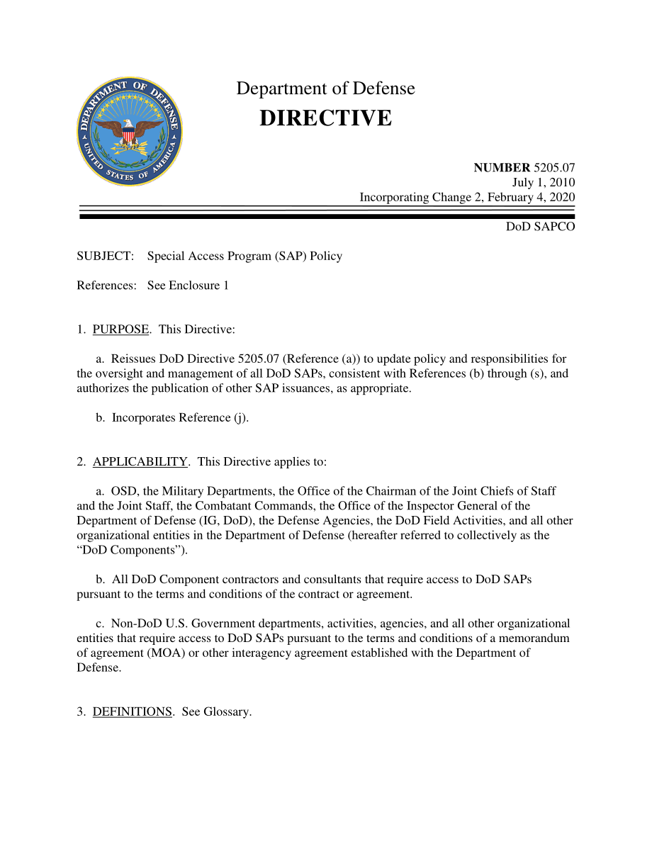 DoDD 5205.07 特殊访问计划（SAP）政策.pdf_第1页