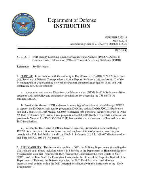 DoDI 5525.19 国防部安全和分析身份匹配引擎（IMESA）访问刑事司法信息（CJI）和恐怖分子筛查数据库（TSDB）.pdf